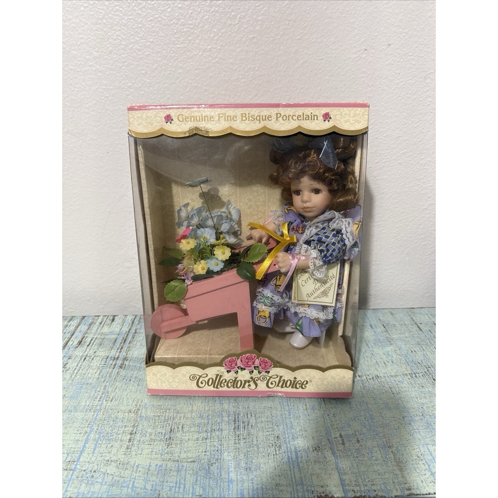 Vintage Classic Treasures 1990's Bisque Porcelain Doll with Wheelbarrow NIB